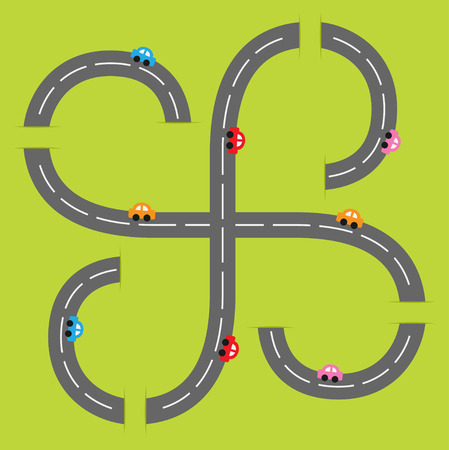 Background with two curling road white marking and cartoon cars. Flat design. Vector illustrationのイラスト素材