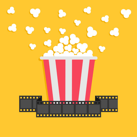 Popcorn. Film strip ribbon. Red yellow box. Cinema movie night icon in flat design style. Vector illustrationのイラスト素材