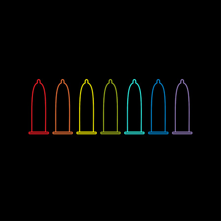 Condom rainbow line icon set. Protection. Black background. Flat design. Vector illustrationのイラスト素材