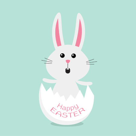 Happy Easter. Cuteunny rabbit and egg shell. Flat design. Vector illustrationのイラスト素材