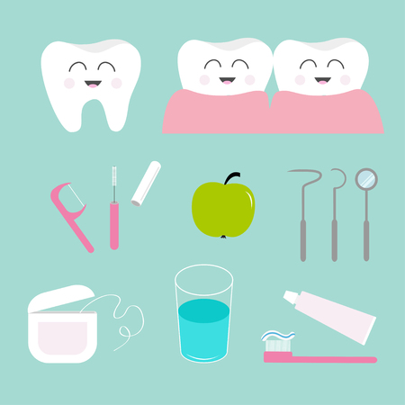 Tooth icon set. Toothpaste, toothbrush, dental tools instruments,  thread, floss, mirror, brush, water. Children teeth care. Oral dental hygiene Tooth health Baby background Flat design Vectorのイラスト素材