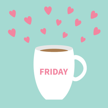 Friday offee cup mug with pink hearts Blue background Flat modern simply design Vector illustrationのイラスト素材