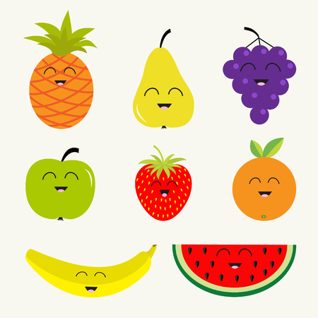 Fruit and berry set.  Character face. Banana cherry strawberry orange pineappl grape lemon cherry mellon, watermellon blueberry pear raspberry apple slice  Isolated Flat design Vector illustrationのイラスト素材