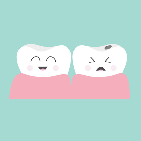 Tooth gum icon. Healthy smiling tooth. Crying bad ill tooth with caries. Cute character set. Oral dental hygiene.  Children teeth care. Tooth health. Baby background. Flat design. Vector illustrationのイラスト素材