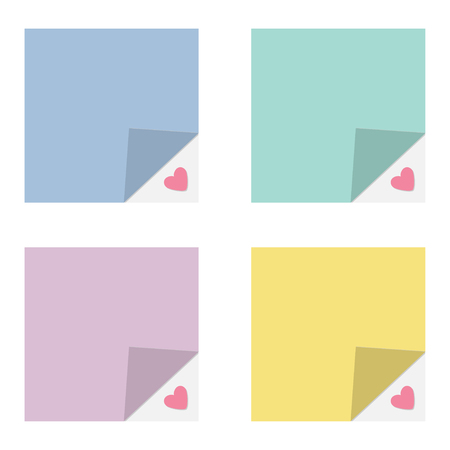 Adhesive paper notes and tag set. Heart under corner. Template. Flat design style. Vector Illustrationのイラスト素材