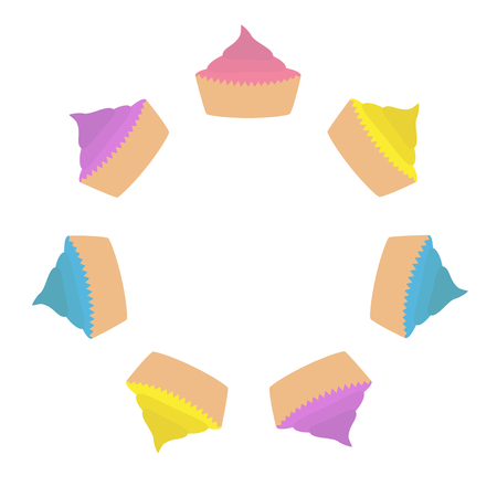 Cupcacke set. Flat design style. Round frame. White background. Vector illustrationのイラスト素材