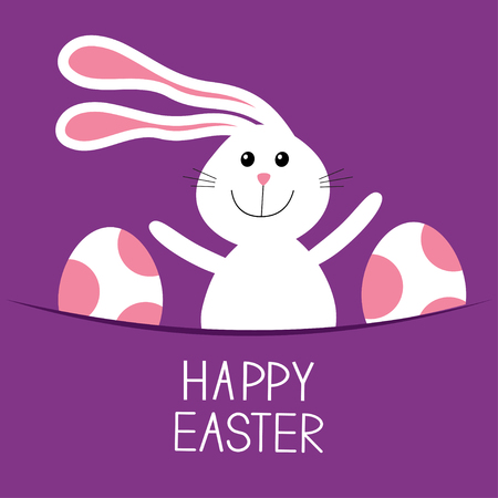 Happy Easter. Bunny rabbit hareand pained egg in the pocket. Baby greeting card. Violet background. Flat design. Vector illustrationのイラスト素材