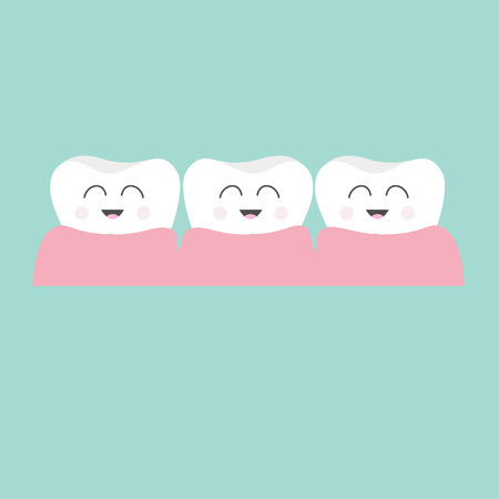 Tooth gum icon. Three cute funny cartoon smiling character set. Oral dental hygiene.  Children teeth care. Tooth health. Baby background. Flat design. Vector illustrationのイラスト素材