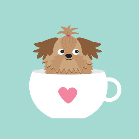 Shih Tzu dog sitting in pink cup with heart. Cute cartoon character. Flat design.  Blue background. Vector illustrationのイラスト素材