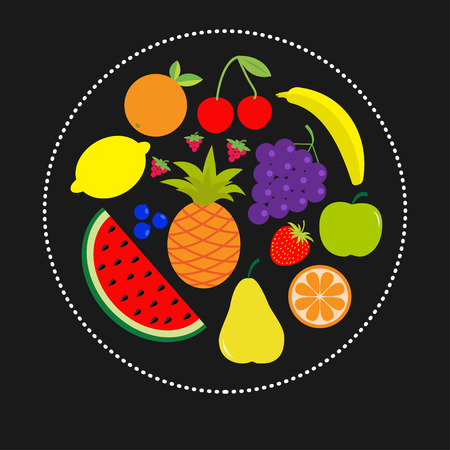 Juicy ripe fruit and berry set Banana cherry strawberry orange pineapple grape lemon cherry watermellon blueberry pear raspberry apple Dash line circle composition Black background. Flat design Vectorのイラスト素材
