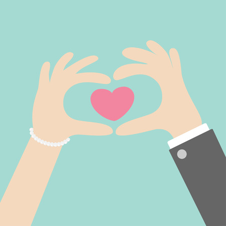 Man woman hands in the form of heart. Male Female holding pink heart shape sign. Flat design style. Blue background. Vector illustrationのイラスト素材