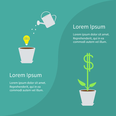 Financial growth concept. Business infographic template. Flower pot, light bulb idea, watering can, dollar tree plant. Flat design. Green background. Vector illustration.のイラスト素材
