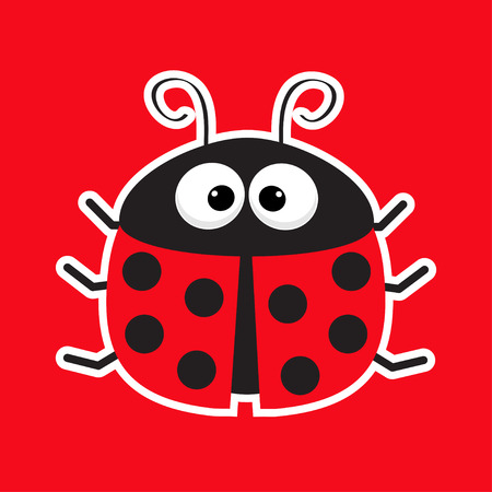 Cute cartoon lady bug sticker icon. Red background. Baby illustration. Flat design. Vector illustrationのイラスト素材