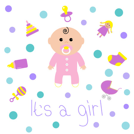 Baby girl shower card Bottle, horse, rattle, pacifier, sock, doll, baby carriage, pyramid toy. Its a girl. White background with circle dot. Isolated. Flat design illustrationのイラスト素材
