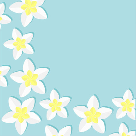 Plumeria Tropical flower icon set. Frangipani  Hawaii, Bali plant Flower frame corner. Blue background. Flat design Vector illustrationのイラスト素材