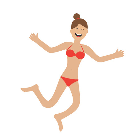 Young woman wearing swimsuit jumping isolated. Happy girl jump. Cute cartoon laughing character in red swimming suit Smiling woman Bikini bathing suit. White background Flat design Vector illustrationのイラスト素材