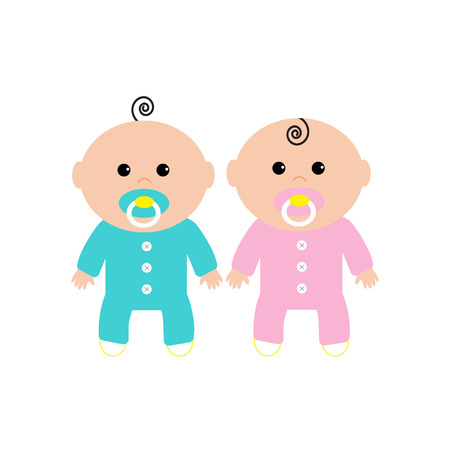 Twins Two cute twin babies on white background. Baby girl and a baby boy. Funny character set. Isolated. Flat design Vector illustrationのイラスト素材