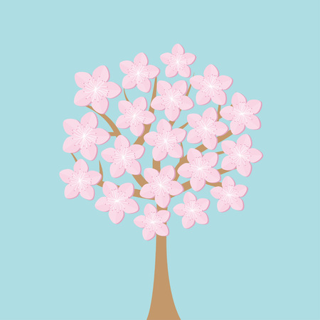 Sakura tree flowers Japan blooming cherry blossom set Blue background Template Flat design Vector illustrationのイラスト素材