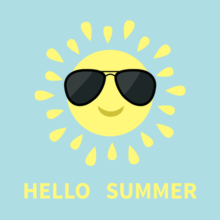 Sun shining icon. Sun face with sunglassess. Cute cartoon funny smiling character. Hello summer. White background. Isolated. Flat design Vector illustrationのイラスト素材
