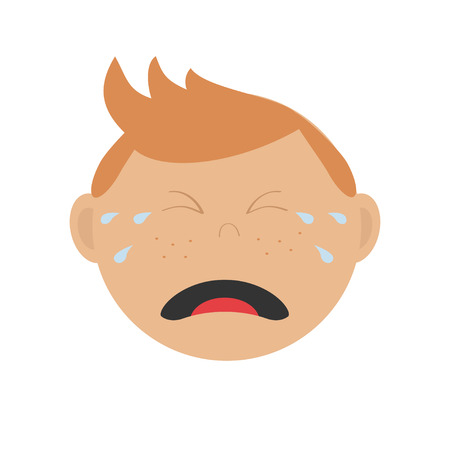 Crying screaming guy head. Baby boy emotion collection. Cute cartoon character with red hair and freckles. Face with tears. Abuse anger boy icon. White background Isolated Flat design. Vectorのイラスト素材