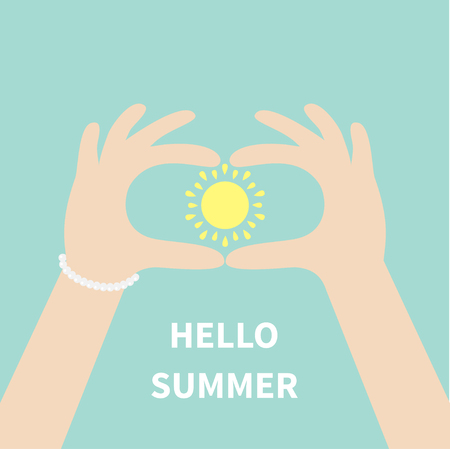 Male Female arms and sun shining with rays of light. Man woman hands holding sun icon.  Hello summer Greeting card. Blue background. Flat design style. Vector illustrationのイラスト素材