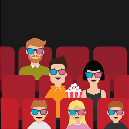 People sitting in movie theater eating popcorn. Love couple, kids, man, children. Film show Cinema background. Viewers watching movie in 3D glasses. Red seats hall. Flat design Vector illustrationのイラスト素材
