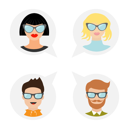 Avatar people icon set. Cute cartoon character. Diverse face collection. Men women wearing eyeglasses. Male female head with sunglasses Speech bubble Flat White background Isolated Vector illustrationのイラスト素材
