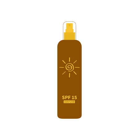 Tube of sunscreen suntan oil cream. After sun lotion. Bottle spray. Solar defence. Spiral sun sign symbol icon. SPF 15 sun protection factor. UVA UVB sunscreen. Isolated. White background.のイラスト素材