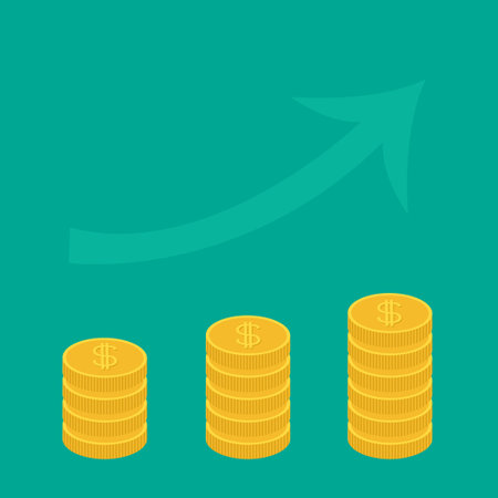 Gold coin stacks icon in shape of diagram. Upward rising arrow. Dollar sign symbol. Cash money. Going up graph. Income and profits. Growing business concept. Flat design. Green background. Vectorのイラスト素材