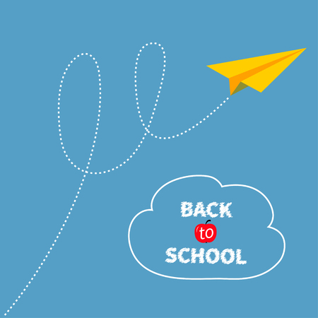 Yellow origami paper plane dash line track with loop in the sky. Back to school text. White cloud. Flat design. Blue background. Vector illustrationのイラスト素材