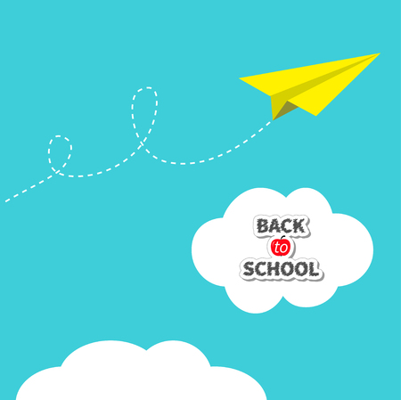 Yellow origami paper plane dash line track with loop in the sky. Back to school text in white cloud. Flat design. Blue background. Vector illustrationのイラスト素材