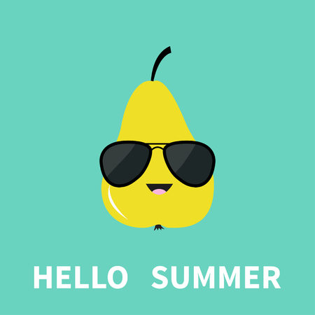 Big yellow pear fruit wearing sunglasses. Cute cartoon smiling character. Hello summer Greeting Card. Flat design. Blue background. Vector illustrationのイラスト素材