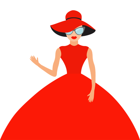 Woman in red elegant hat and big dress, sunglasses waving. Rich beautiful celebrity girl. Beauty fashion model face lips. People Cute cartoon character Flat White background Isolated Vectorのイラスト素材
