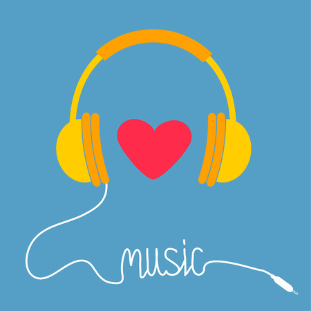 Yellow headphones with white cord in shape of word Music. Red heart. Love greeting card. Flat design icon. Blue background. Vector illustration.のイラスト素材
