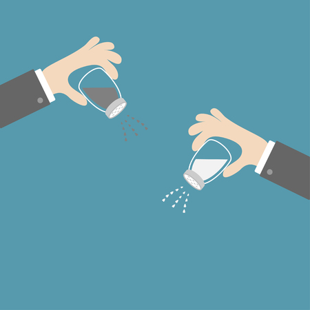 Hands with salt, pepper shaker. Glass container set. Heart crystal. Flat design. Blue background. Vector illustrationのイラスト素材