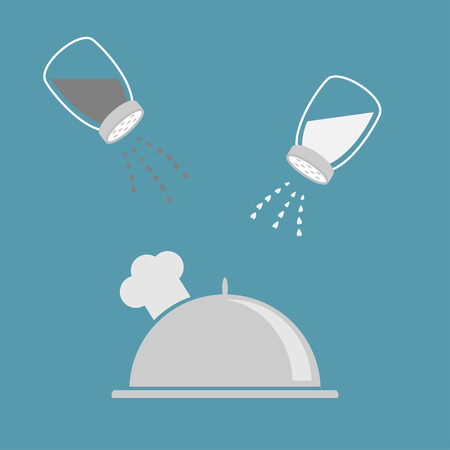 Silver platter cloche chef hat. Salt, pepper shaker set. Glass container. Heart crystal. Flat design. Blue background. Vector illustrationのイラスト素材