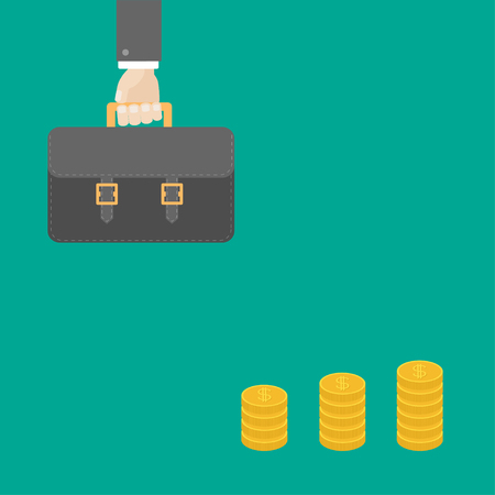 Businessman hand holding briefcase. Gold coin stacks icon in shape of diagram. Dollar sign symbol. Cash money. Income and profits. Growing business concept. Flat design. Green background. Vectorのイラスト素材