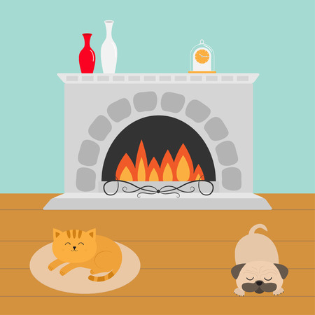 Cute cat lying on oval carpet rug mat. Sleeping mops pug dog. Funny cartoon character. Fireplace with vase set and clock. Burning fire. Flat design. Vector illustrationのイラスト素材