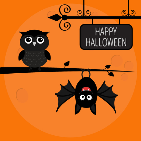 Happy Halloween card. Bat hanging on tree. Wrought iron sign board. Owl bird. Cute cartoon character set. Baby illustration collection. Flat design. Orange background Big moon. Vector illustrationのイラスト素材