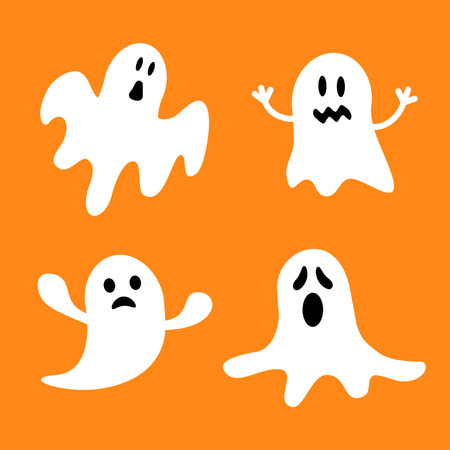 Funny flying ghost set.Different emotions face. Happy Halloween. Greeting card. Cute cartoon character. Scary spirit. Baby collection. Orange background. Flat design. Vector illustrationのイラスト素材