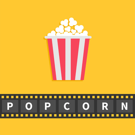 Popcorn. Big film strip ribbon line with text. Red white box. Cinema movie night icon in flat design style. Yellow background. Vector illustrationのイラスト素材