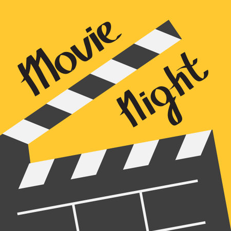 Big open clapper board. Movie night text. Lettering. Flat design style. Yellow background. Vector illustrationのイラスト素材