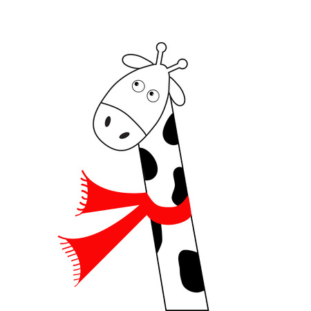 Cute cartoon black white giraffe wearing red scarf. Camelopard with long neck. Funny character. Happy animal. Flat design. Isolated. Vectorのイラスト素材