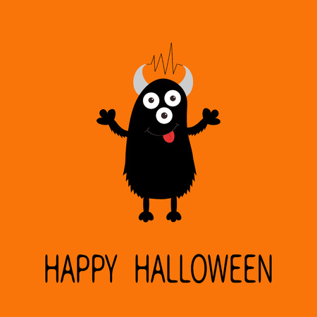 Happy Halloween card. Black silhouette monster with eyes, horns, tongue, electricity line. Funny Cute cartoon character. Baby collection. Flat design. Orange background. Vector illustrationのイラスト素材