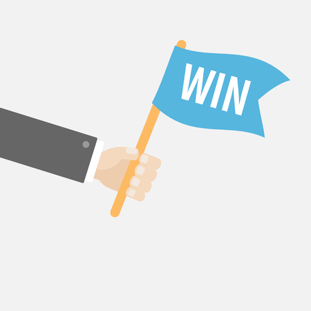 Businessman hand holding flag with word Win. Motocross sport finishing. Car racing competition atribute. Flat design style. White background. Isolated. Vector illustrationのイラスト素材
