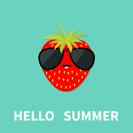 Big strawberry berry fruit with leaf wearing sunglasses. Cute cartoon smiling character. Hello summer Greeting Card. Flat design. Blue background. Vector illustrationのイラスト素材