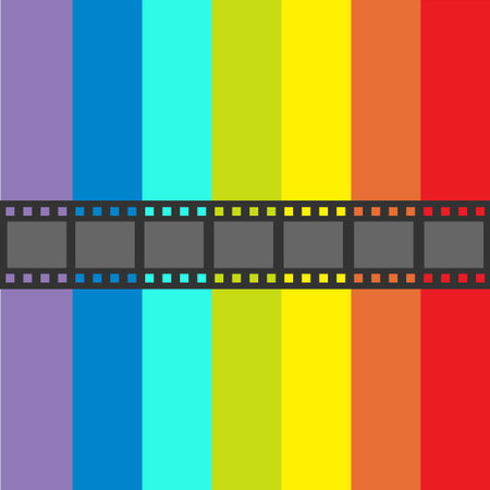 Film strip frame. Straight shape ribbon. Design element. Rainbow flag background. LGBT Gay movie cinema sign symbol. Flat. Vector illustrationのイラスト素材