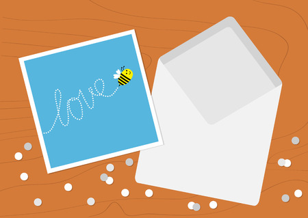 White Opened Blank Envelope letter and greeting card with flying bee insect, dash line word Love. Confetti on wood table wooden texture desk background. Flat design. Vector illustrationのイラスト素材