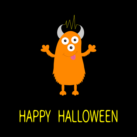 Happy Halloween card. Orange monster with eyes, horns, tongue, electricity line. Funny Cute cartoon character. Baby collection. Flat design. Black background. Vector illustrationのイラスト素材