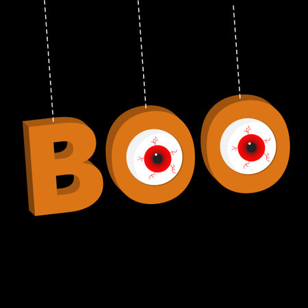 Hanging 3D word BOO text with red eyeballs. Dash line thread. Happy Halloween. Greeting card. Flat design. Black background. Vector illustrationのイラスト素材